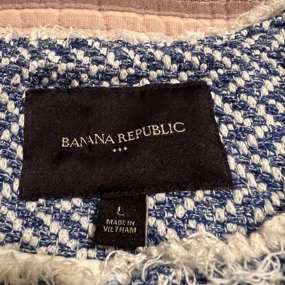 Banana Republic Blue White Herringbone Tweed Fringe Collarless Jacket Size L - Picture 2 of 8